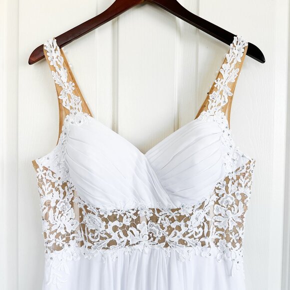 WHITE A-LINE/SWEETHEART NECKLINE CHIFFON WEDDING DRESS WITH LACE TOP & CRYSTALS - Picture 6 of 17